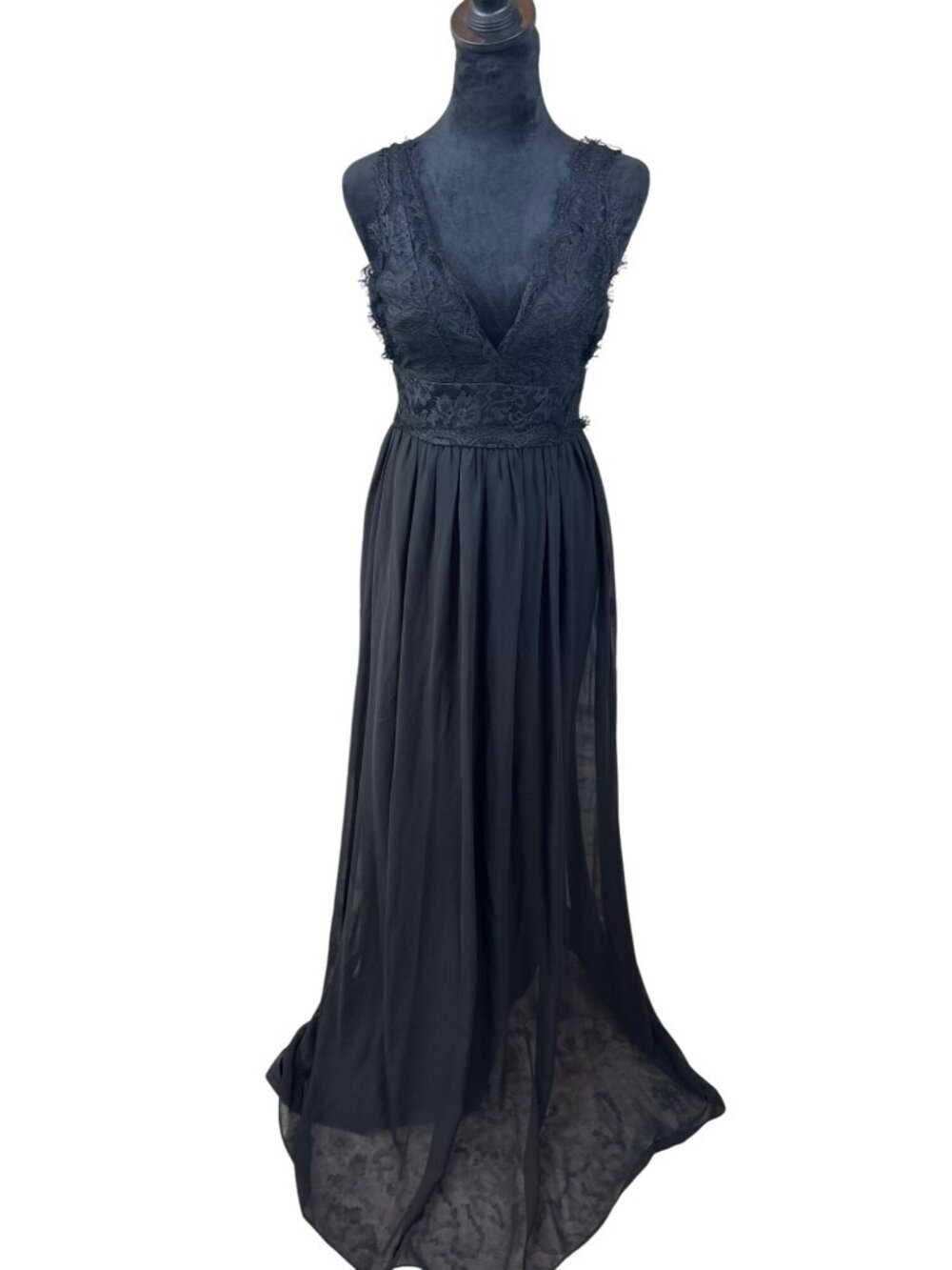 Windsor Sz XS Gothic Vamp Maxi Dress V Neck Sheer Lace Overlay Dark Romantic